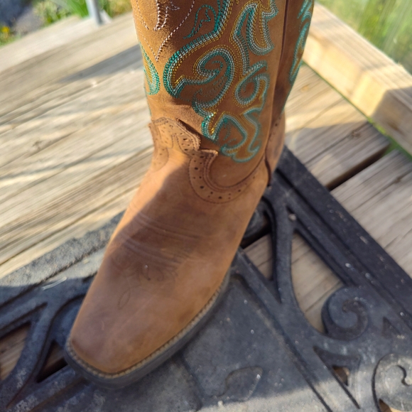Justin Cowgirl Western Boots.Brown Teal Trim - Picture 9 of 11